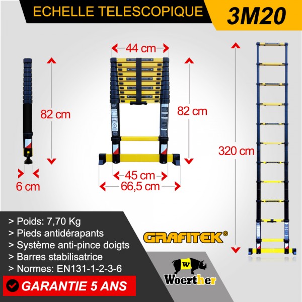 Echelle-escabeau télescopique 4,4m/2,2m avec housse, sac à outils et  plateforme