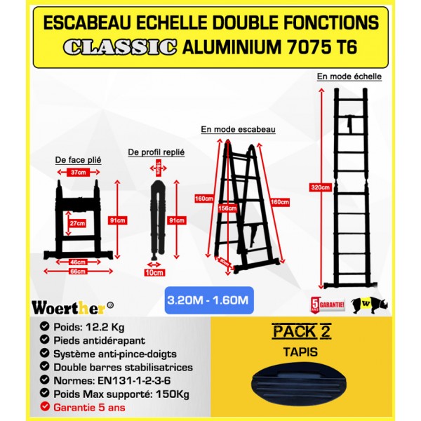 ECHELLE ESCABEAU TRIPLE FONCTIONS WOERTHER DOUBLE BARRES STABILISATRICES,  MODÈLE GRAFITEK 4M40/2M20 - PACK 2 (AVEC TAPIS)
