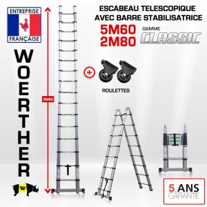 ECHELLE ESCABEAU WOERTHER DOUBLE FONCTIONS, GAMME CLASSIC 5M60/2M80 - AVEC ROULETTES