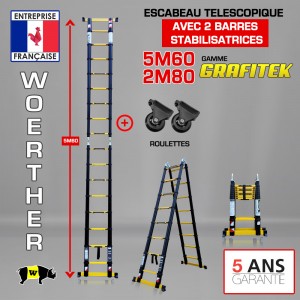 ECHELLE ESCABEAU WOERTHER 2 FONCTIONS 2 BARRES STABILISATRICES, GRAFITEK 5.60M/2.8M - AVEC ROULETTES