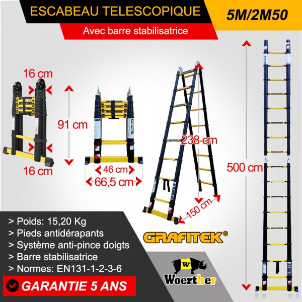 Escabeau télescopique Hauteur de 5M/2M5 avec housse (de transport