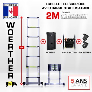 ECHELLE TELESCOPIQUE 2M CLASSIC + HOUSSE, SAC A OUTILS ET ROULETTES